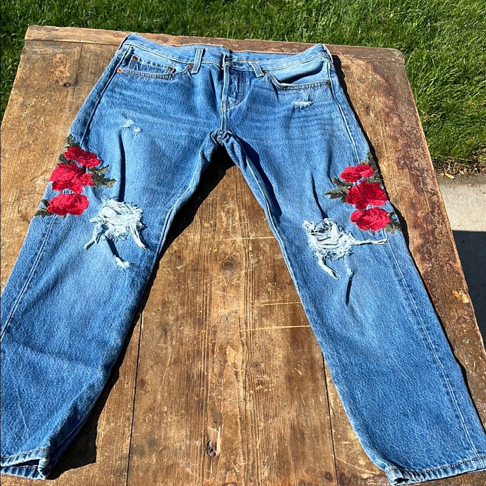 Levi’s Blue Jeans with Red Floral Embroidery Made exclusively for Anthropologie